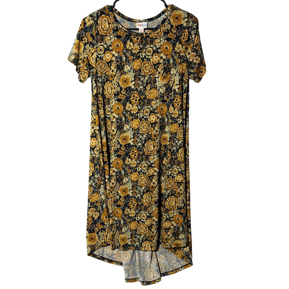 LuLaRoe Carly Dress XS Mustard Yellow Black Floral High Low Short Sleeve Swing